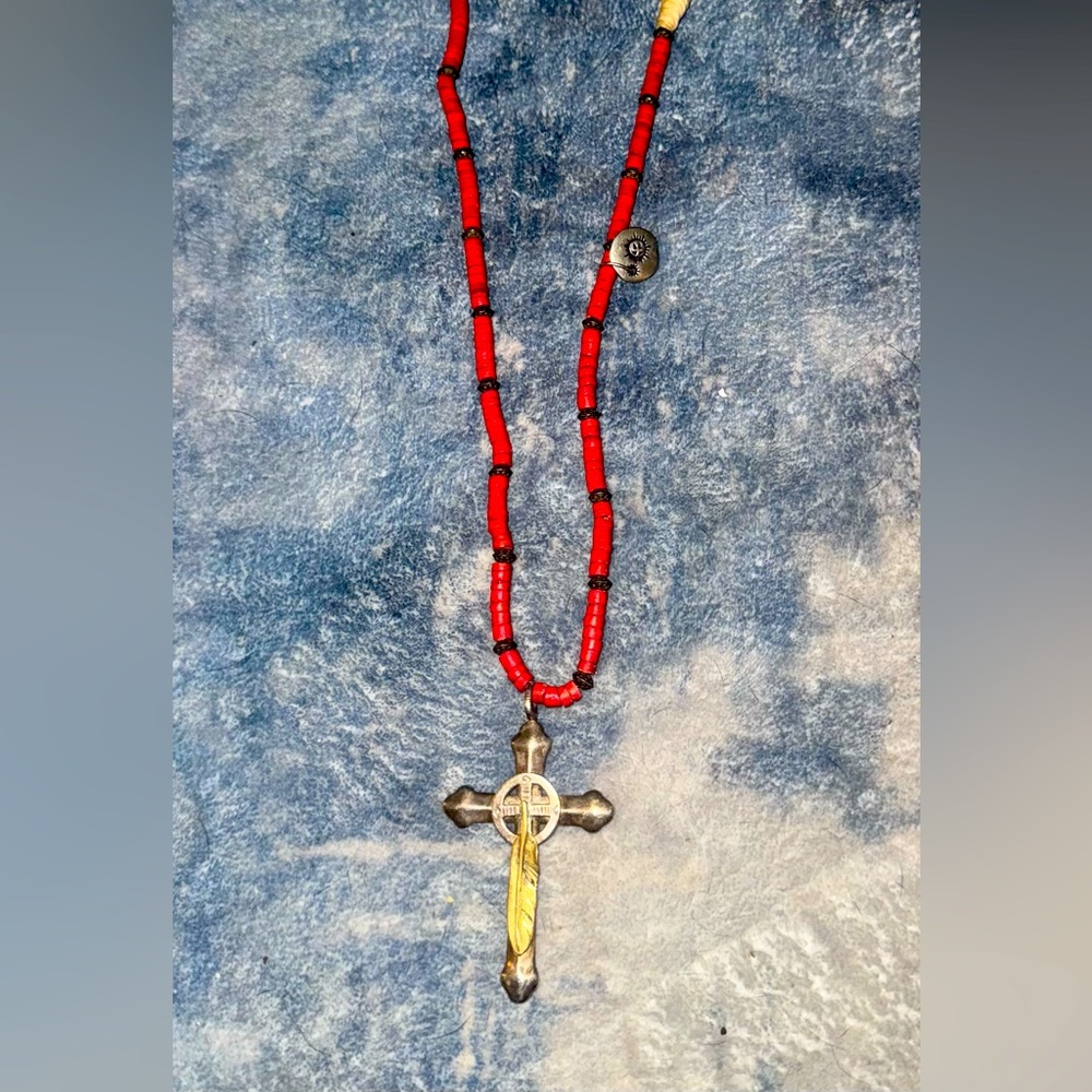 Goro Style Necklace with is large cross, and coral